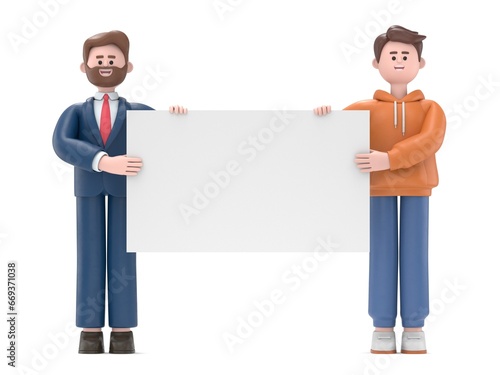 3D illustration of cartoon characters holding an empty white placard for insert a conceptconceptual image.3D rendering on white background. 