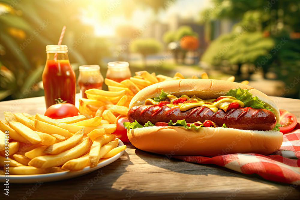 hotdog with sauce, french fries, tomato, and ketchup in outdoor - obrazy, fototapety, plakaty 