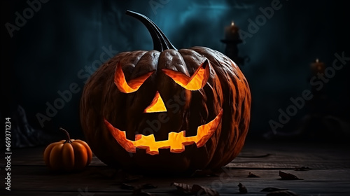 Scary halloween pumpkin on wooden table and dark background