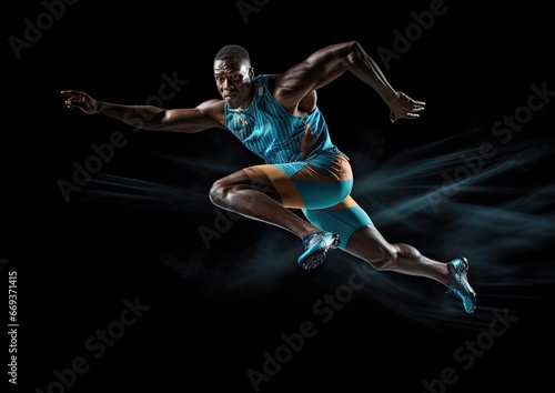 A dynamic shot of an athlete mid-jump, frozen in mid-air. The camera angle is low, capturing the