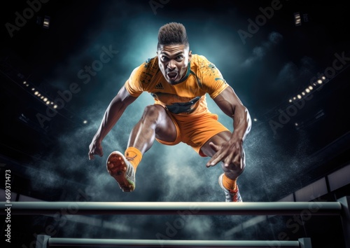 A dynamic shot of an athlete leaping over a hurdle, frozen in mid-air. The camera angle is low,