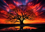A dynamic and energetic image of a tree silhouette against a fiery sunset sky, captured with a