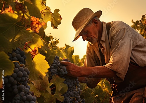 A gatherer in a vineyard, carefully harvesting ripe grapes. The camera angle is from a medium