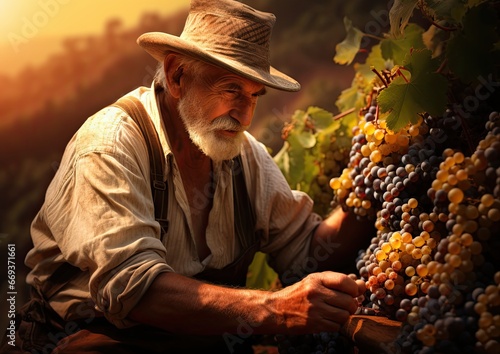 A gatherer in a vineyard, carefully harvesting ripe grapes. The camera angle is from a medium