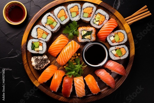 Generative AI : Sushi Set nigiri, rolls, gunkan and sashimi served in traditional Japan black Sushioke round plate