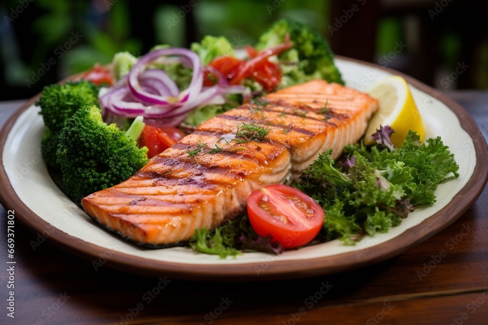 Generative AI : Salmon fish fillet grilled and fresh tomato salad with red onion and broccoli. Generative AI : Salmon fish fillet grilled and fresh tomato salad with red onion and broccoli.