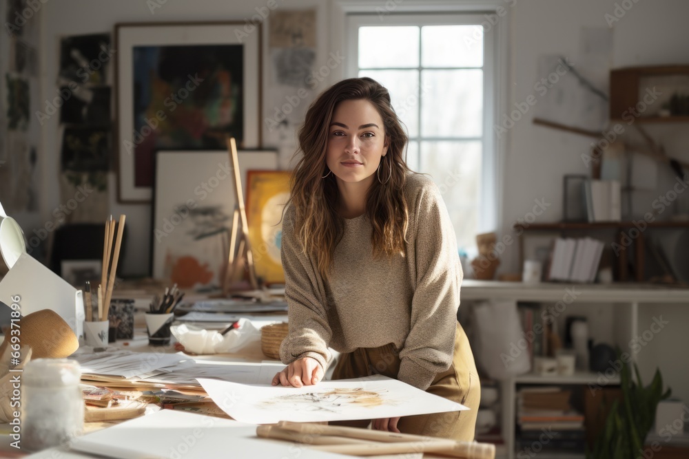 White female 30 year old brunette interior designer is working at home. White female 30 year old brunette interior designer is working at home.