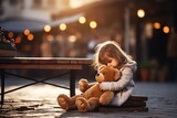 Generative AI : Unhappy and emotional toddler girl with teddy bear outdoors. Misbehaving child on the street. Terrible twos and kid tantrums concept