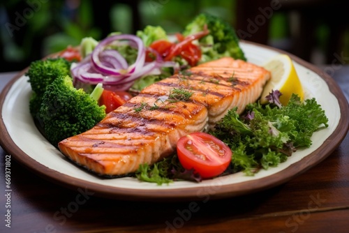 Generative AI : Salmon fish fillet grilled and fresh tomato salad with red onion and broccoli.