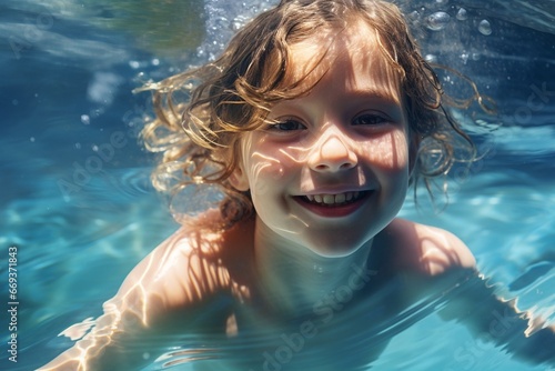 Generative AI : A little girl is swimming alone in the pool.