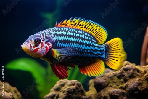Generative AI : Colorful of ornamental fish, African cichlids (Malawi Peacock) in fish tank. photo