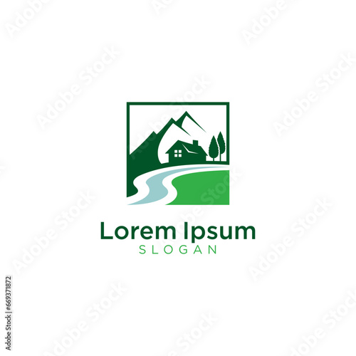 Mountain landscape with a house by the river or lake logo design. icon. vector illustration