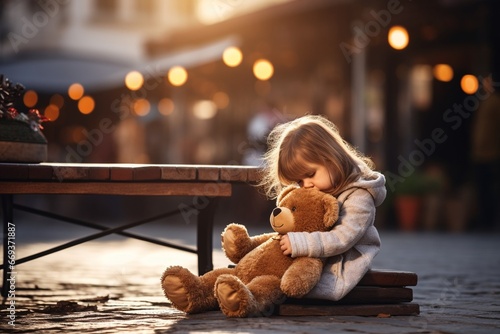 Generative AI : Unhappy and emotional toddler girl with teddy bear outdoors. Misbehaving child on the street. Terrible twos and kid tantrums concept photo