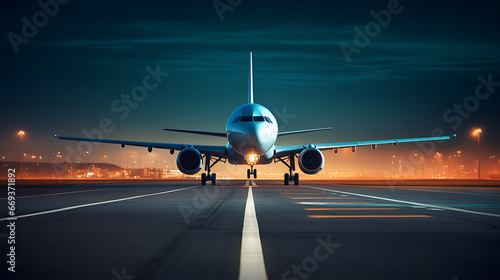 A modern airliner taking off or landing on a runway against the backdrop of a clear night sky, with the lights of a contemporary airport in the background