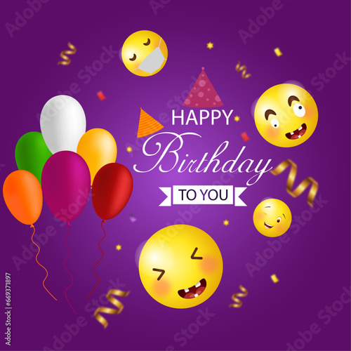 happy birthday concept poster with different face impression emojies,party cap, gold confetti, flat style greeting vector illustration. © Asma