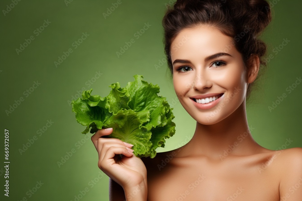 Generative AI : Woman with perfect skin holding green lettuce near her face Generative AI : Woman with perfect skin holding green lettuce near her face