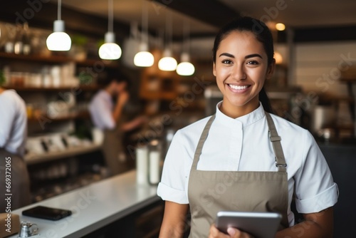 Generative AI : Happy waitress barista using digital tablet at work in cafe, restaurant