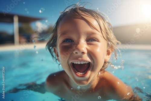 Generative AI : Child in swimming pool. Having fun on vacation at the hotel pool. © The Little Hut