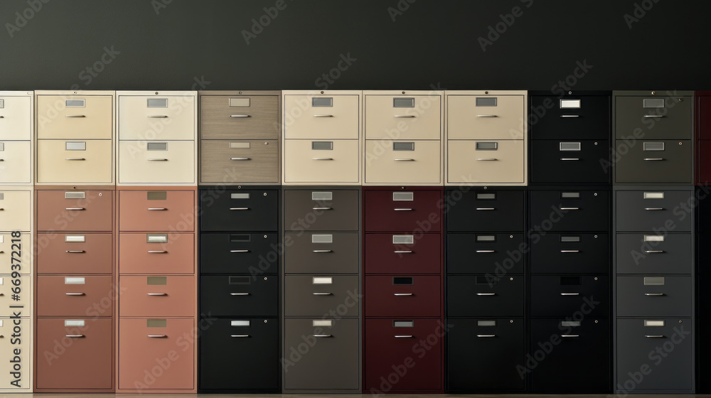 A row of filing cabinets, full of documents and folders A row of filing cabinets, full of documents and folders