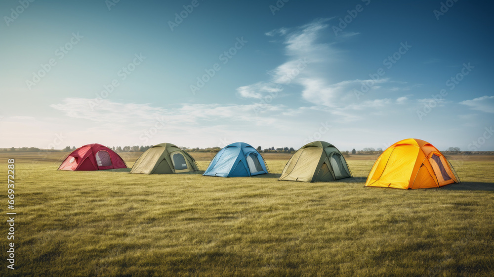 A row of camping tents, pitched in a grassy field