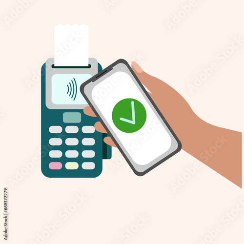 POS terminal, smartphone. Contactless payments concept. Hand holding device. NFC, Credit Card payments. Near-field communication protocol. Vector Icon. Wifi Mobile Pay. Wireless
