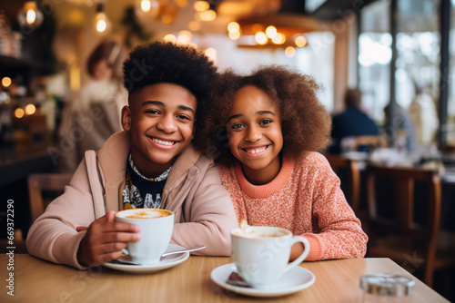 Two African-American school pupil kids children have romantic date in cafe. First mutual love like each other from young years age relationship sensuality tenderness concept. 