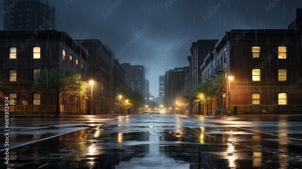 Obraz premium A row of buildings illuminated by the dull glow of street lights, rain pouring down in sheets