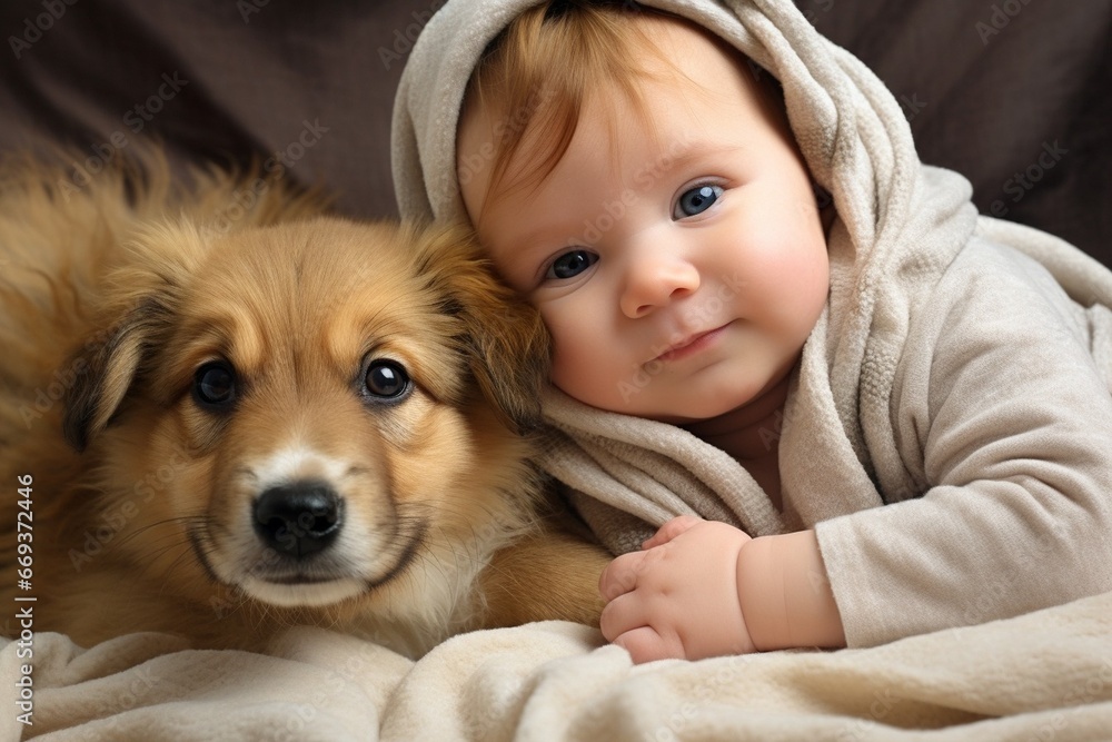 Generative AI : Cute little boy with puppy on sofa at home Generative AI : Cute little boy with puppy on sofa at home
