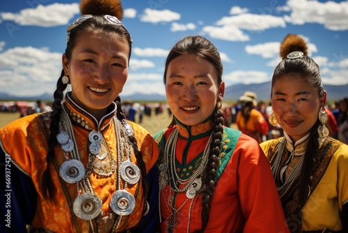 Generative AI : Three women in traditional clothes during Naadam, in Ulan Bataar, Mongolia.