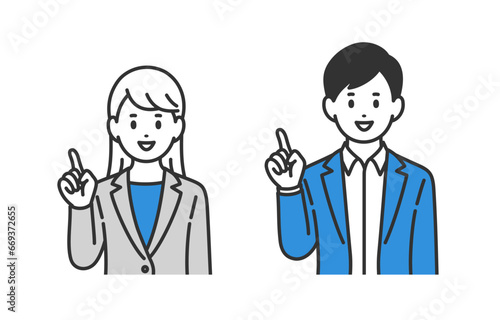 指差しのポーズをするビジネスパーソン男女のセット【人物ベクターイラスト素材】