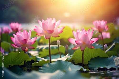 Generative AI : closeup pink lotus in lake with green lotus leaves background in nature.