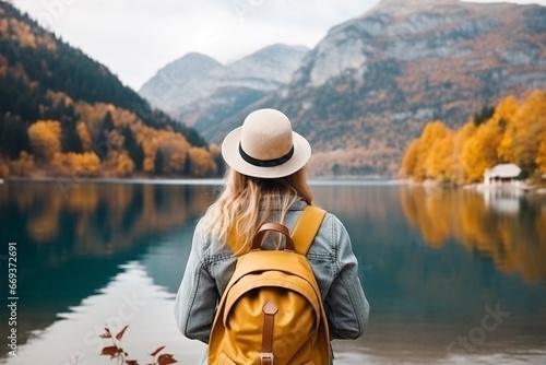 Generative AI : tourist woman with a big yellow backpack enjoys the view of the mountain lake photo