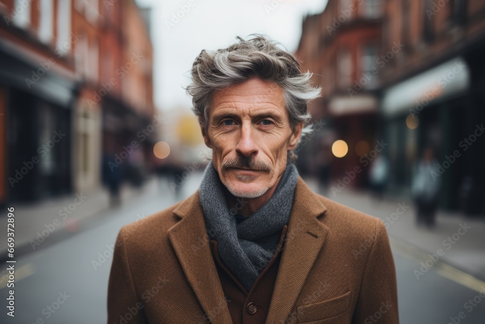 Portrait of a handsome senior man with grey hair, wearing a brown coat and scarf, standing in a street. Portrait of a handsome senior man with grey hair, wearing a brown coat and scarf, standing in a street.