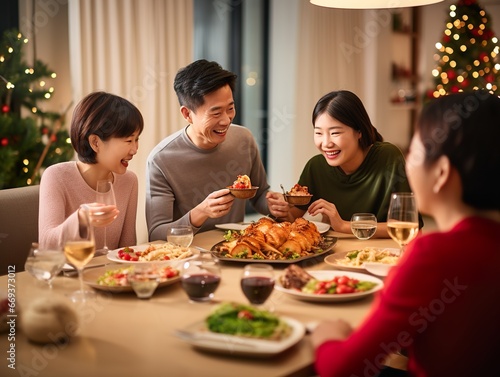 Happy asian family   having easter dinner together to celebrate christmas Thanksgiving lunch. holiday in cozy home