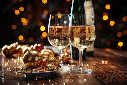 two glasses of wine on a table with christmas decorations and lights in the background, as well for an article