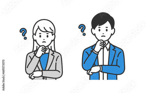 疑問･考えるポーズをするビジネスパーソン男女のセット【人物ベクターイラスト素材】