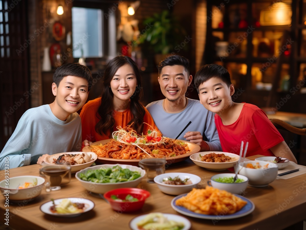 Happy asian family having easter dinner together to celebrate christmas Thanksgiving lunch. holiday in cozy home Happy asian family having easter dinner together to celebrate christmas Thanksgiving lunch. holiday in cozy home