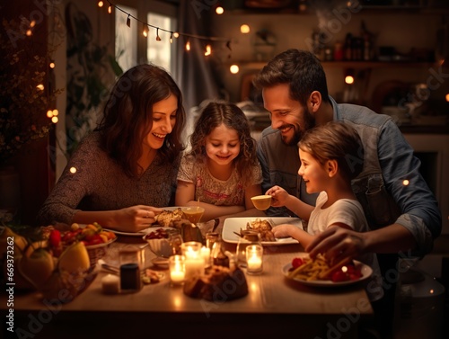 Happy family  having easter dinner together to celebrate christmas Thanksgiving holiday in cozy home