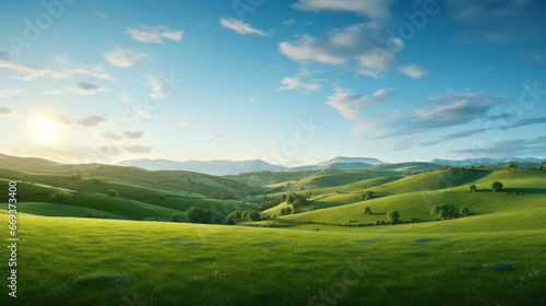 A rolling hillside stretches out into the horizon  its lush green fields illuminated by the setting sun