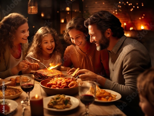 Happy family   having easter dinner together to celebrate christmas Thanksgiving holiday in cozy home