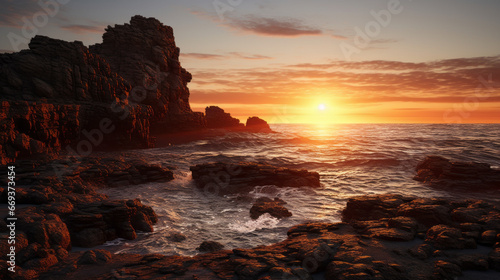 A rocky shoreline stretches out into the horizon, its rugged cliffs and jagged rocks illuminated by the setting sun