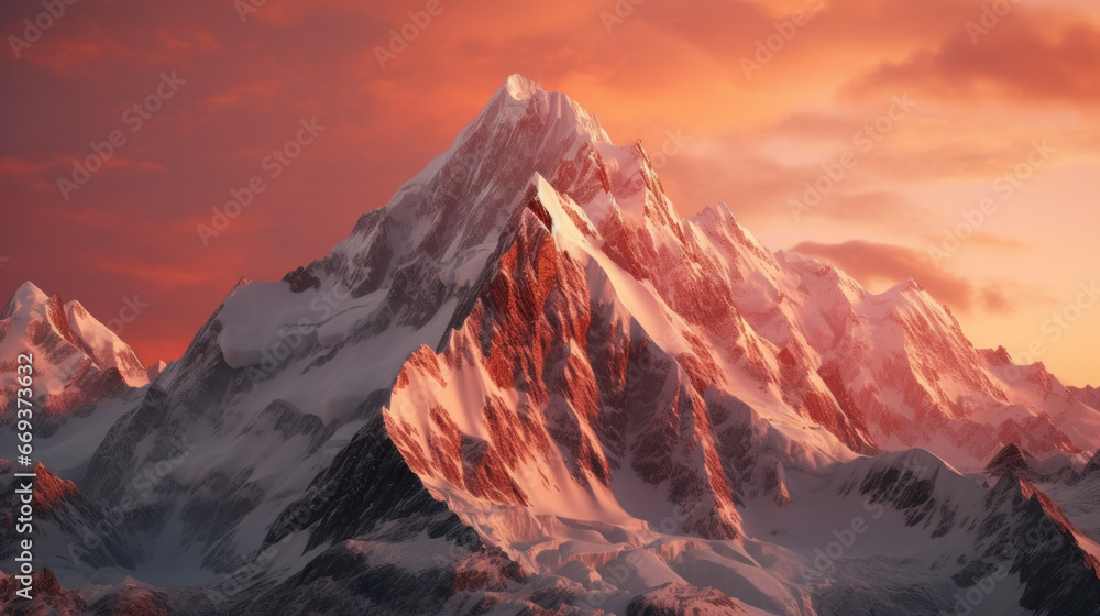 A rocky mountain peak, with snow-capped peaks stretching into the sky The sun is setting, and the sky is a mix of brilliant oranges and pinks