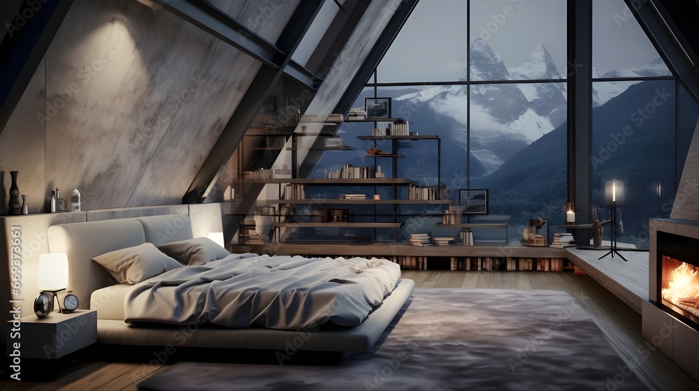 a bedroom with the mountain view, in the style of industrial and product design, uhd image, moody tonalism, secluded settings, concrete, use of earth tones