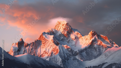 A rocky mountain peak, with snow-capped peaks stretching into the sky The sun is setting, and the sky is a mix of brilliant oranges and pinks