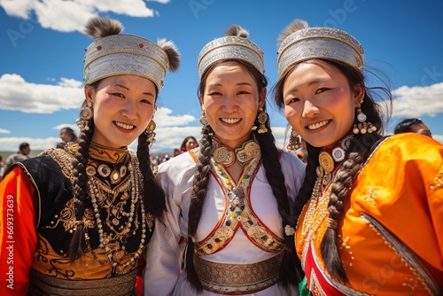 Generative AI : Three women in traditional clothes during Naadam, in Ulan Bataar, Mongolia. photo