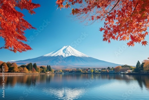 Generative AI : Fuji mountain and Kawaguchiko lake in morning, Autumn seasons Fuji mountain at yamanachi in Japan