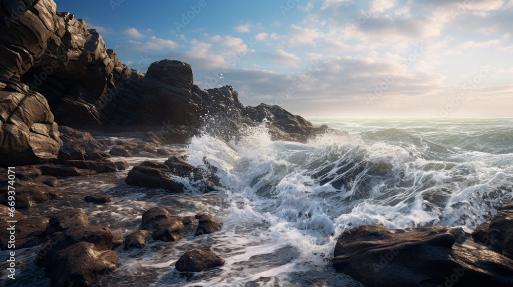 A rocky beach with waves crashing against the shore