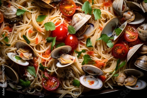 Generative AI : Seafood pasta with clams Spaghetti alle Vongole on a dark background. photo