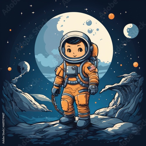 Cute Astronaut Holding Rocket Flag Moon Cartoon, Cartoon Illustration For Tshirt, Mug
