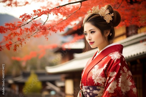 Generative AI : Asian woman wearing japanese traditional kimono at Yasaka Pagoda in Kyoto, Japan.